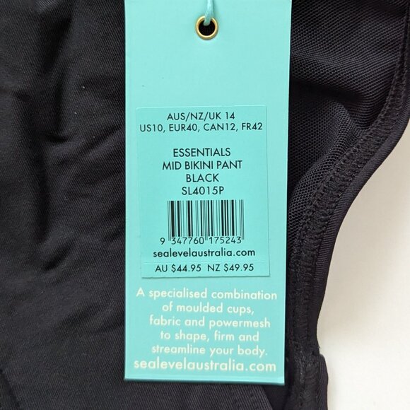 Sea Level Essentials Mid Rise Bikini Bottom, Black, Women's 10 (AUS 14) - Picture 2 of 3